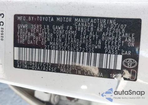 2008 Toyota Corolla S z USA, uszkodzony, nr VIN 2T1BR32E58C872135